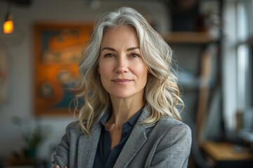 Engaging portrait of a mature woman with shoulder-length grey hair and a confident, ageless beauty, dressed in casual office attire