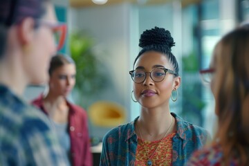 Young professional woman wearing glasses and a colorful shirt, engaged in conversation in an office space