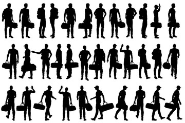 collection of different silhouette male traveler character with suitcase or baggage , isolated vector for graphic resources
