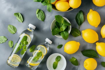 Refreshing Detox Water Bottles with Lemon and Mint on a Gray Background