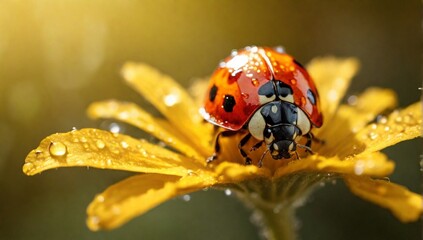 a shot of a lady bug on yellow flower, with water droplets, warm natural light, backlit, macro, bokeh
