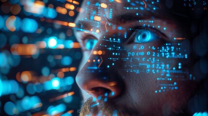 Man being scanned by futuristic hologram technology