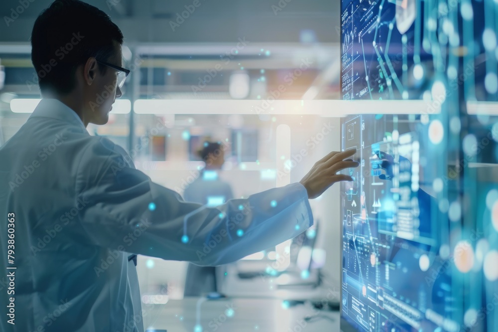 Poster a professional in a lab coat is immersed in data analysis on a high-tech touch screen in a modern se