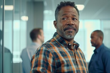 Obraz premium Confident middle-aged man with a plaid shirt in an office environment with colleagues blurred in the background