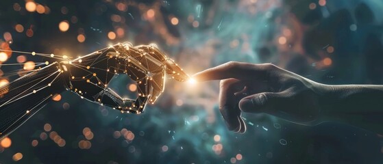 A human hand is about to touch the finger of a golden humanoid robot among a burst of particles