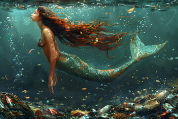 A fairy-tale mermaid at the bottom of a trash-polluted ocean