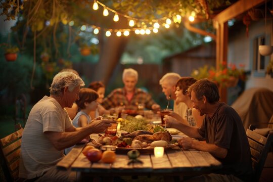 A family enjoying a festive outdoor dinner with warm lighting and a cozy atmosphere - Powered by Adobe