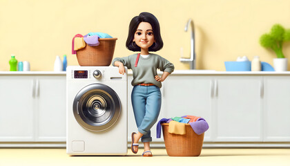 Indian Woman Doing Laundry - 3D Caricature Illustration, Laundry Day - Indian Woman with Washing Machine - 3D Render, Indian Woman with Colorful Laundry Basket 