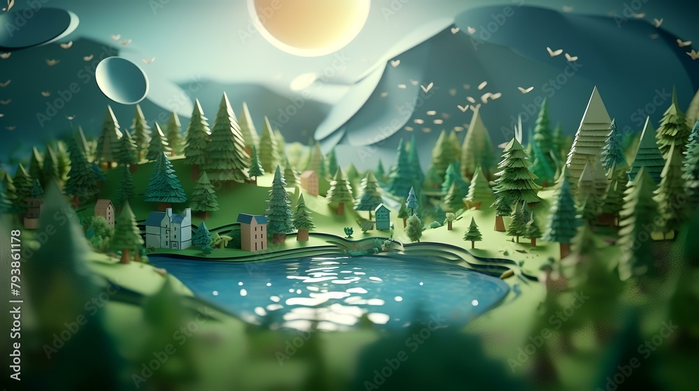 Poster 3d render of fantasy landscape with forest and moon. illustration