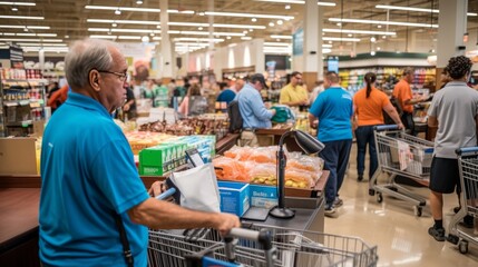 A man energetically pushes a shopping cart through a bustling grocery store aisles