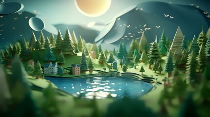 3d render of fantasy landscape with forest and moon. Illustration