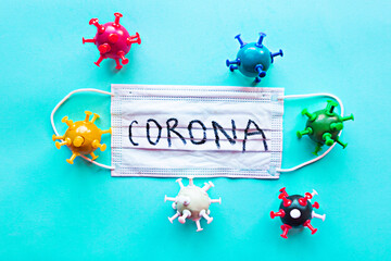 Medical mask with word Corona and model color viruses around. Coronavirus concept