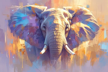 Elephant with colorful paint dripping from its trunk, abstract background. The colors of the painting create a vibrant and dynamic effect that highlights both majestic features of elephants. 