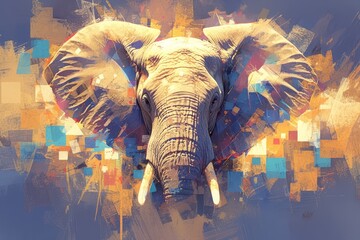 Elephant with colorful paint dripping from its trunk, abstract background. The colors of the painting create a vibrant and dynamic effect that highlights both majestic features of elephants. 