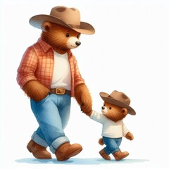 Fototapeta premium Bear Father and Son . Happy Father's Day Watercolor Clip Art. Greeting Postcard Art Cute Cartoon Character Drawing Illustration. For Dad and kids
