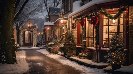 A snowy street adorned with festive Christmas decorations and glowing lights