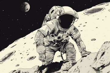 Detailed black and white illustration of an astronaut exploring the lunar surface in a space suit during a low gravity moonwalk mission. Surrounded by craters and rocks - obrazy, fototapety, plakaty