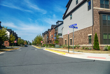rows of modern townhouses in the suburb of Leesburg, Virginia.