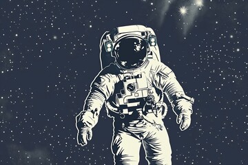 Retro-styled illustration of an astronaut in a spacewalk among stars