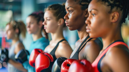 Multiracial women doing kick boxing exercise inside gym - Sport, healthy lifestyle and female power concept - Models by AI generative