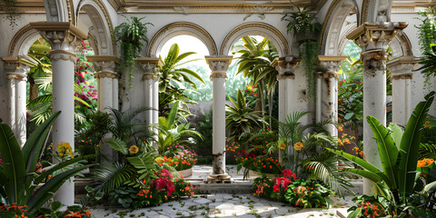 Fototapeta na wymiar 3d Render Ancient Egyptian Palace Balcony with Flowers and Plants, Interior of a fantasy palace, Echoes of History
