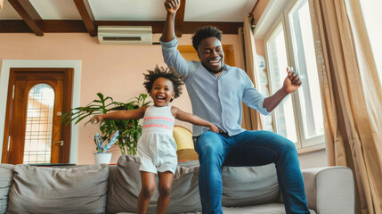 Happy african father and little daughter having fun jumping together on sofa - Family and love concept - Models by AI generative