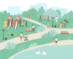 City park with a play complex and people having a rest. Communicate with nature, relax and have fun in the park. Mom with a stroller, girl on a bicycle, children on a slide. Flat vector illustration