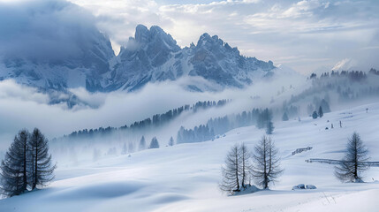 Foggy morning in the winter mountains. Dolomite Alps I