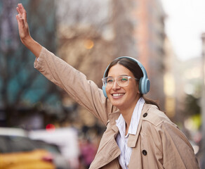 Business woman, headphones and street for taxi, travel or smile with audio streaming subscription....