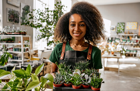 Local flowers enterprise. Portrait of african american woman in protective apron holding black stand with small potted plants. Charming female store owner looking at camera with sincere smile on face.