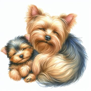 Yorkshire Terrier Dog Father and Son  .  Happy Father's Day  Watercolor Clip Art. Greeting Postcard Art Cute Cartoon Character Drawing Illustration. For Dad and kids