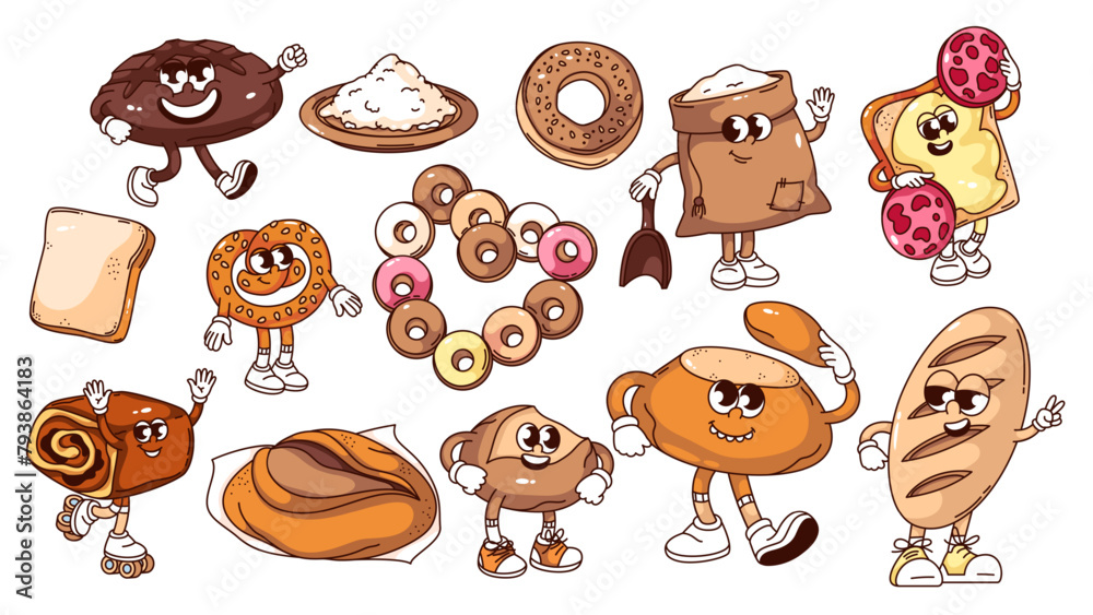 Sticker Groovy bread cartoon characters and bakery stickers set. Funny retro wheat and rye bread, flour bag, loaf and toast, breakfast rings. Cartoon mascots collection of 70s 80s style vector illustration