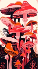 colorful botanical art of whimsical mushrooms in a vibrant forest scene