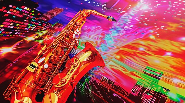 A saxophone with a colorful background.