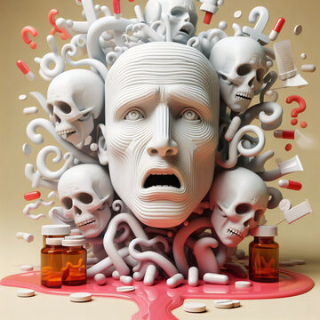 surreal man's face surrounded by pills