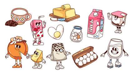 Groovy cartoon dairy characters and stickers set. Funny retro family cheese and milk glass, fried and fresh eggs, butter bar. Cartoon dairy mascots collection of 70s 80s style vector illustration
