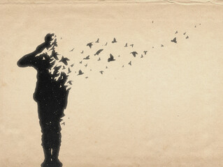 Dying soldier on war. Death and afterlife. Flying birds silhouette