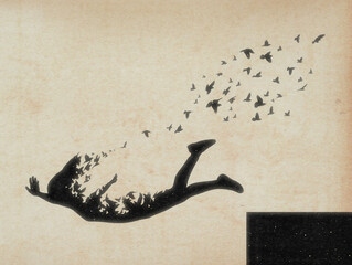 Falling girl. Death and afterlife. Rooftop jump, suicide. Flying birds