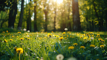 Forest meadow with fresh green grass and dandelions. 