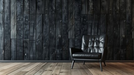 Black armchair behind wooden black wall