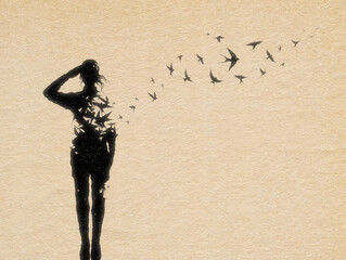 Woman soldier salutes. Death and afterlife. Flying birds silhouette
