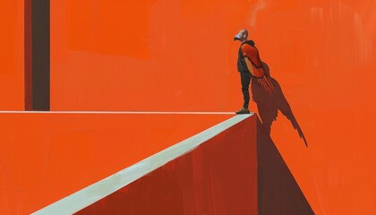 A man standing on a ledge wearing a red cape and a gas mask. - obrazy, fototapety, plakaty
