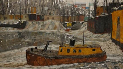 A miniature model of a harbor with a large ship in the foreground.