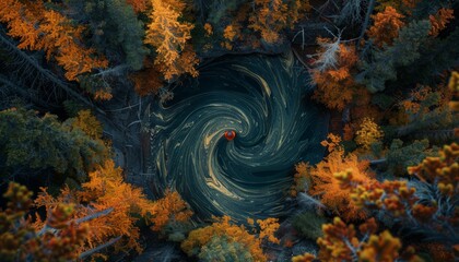 An aerial view of a remote lake surrounded by fall foliage, with a red canoe in the center. - obrazy, fototapety, plakaty