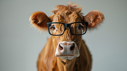 Brown cow wearing glasses looking at camera