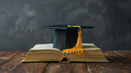 Academic achievement: book with graduation cap.Graduation concept.