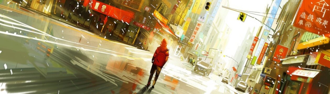 A lone figure in a red coat walks down a snowy city street.
