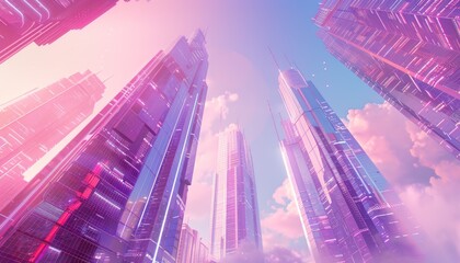 A tall, futuristic city with pink and purple neon lights and a pink sky.