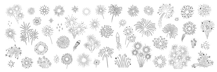 Fireworks exploding with fire and sparks line icons set. Black outline silhouette of starburst, light circle of sun, fireworks with burst of geometric shape monochrome icon pack vector illustration