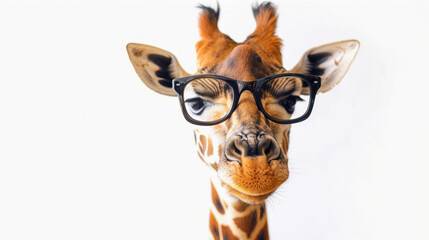 Giraffe wearing glasses on white background